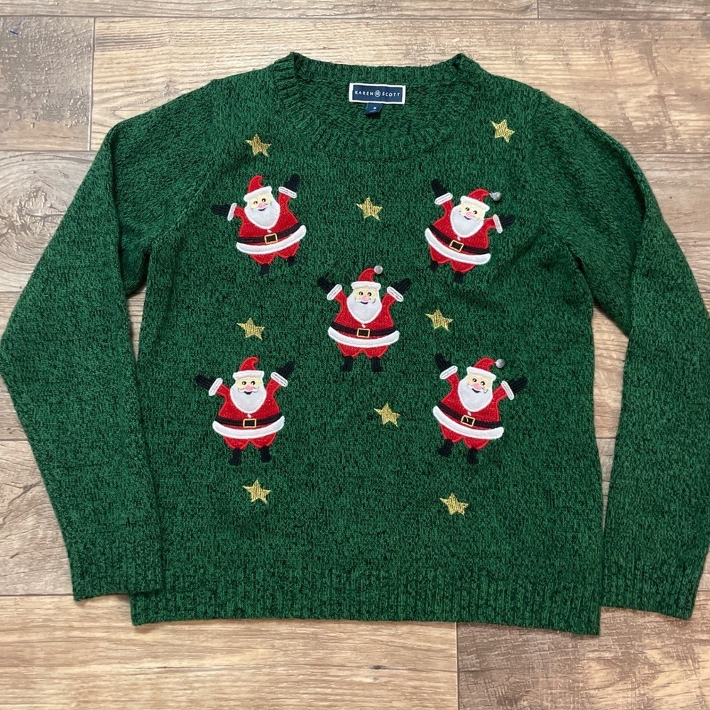 Karen Scott Women's Green‎ Santa Stars Ugly Christmas Sweater Size M